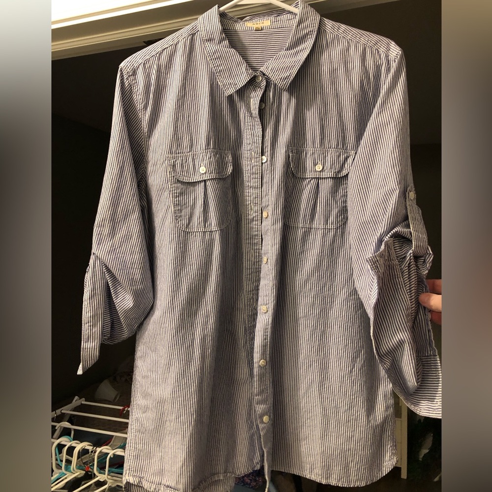 Nuco blue and white striped button down with floral detail in back